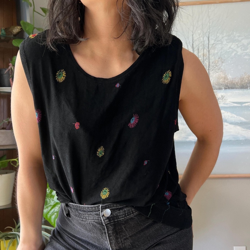 Vintage Slinky Top Black Embroidered Floral Sleeveless Blouse Minimalist Large - Picture 7 of 8